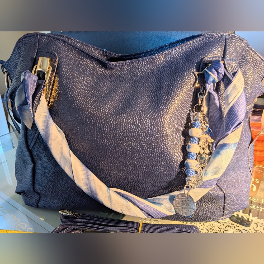 Vegan Leather Blue Handbag, With Scarf Accents And Purse Charm